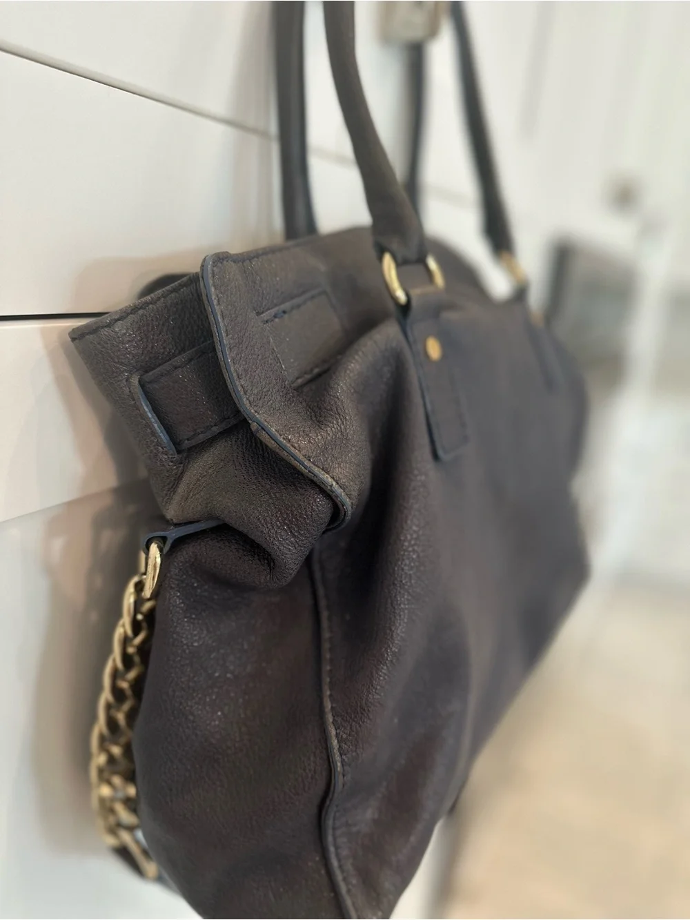 Michael Kors denim blue Leather Shoulder Tote with Gold Hardware.